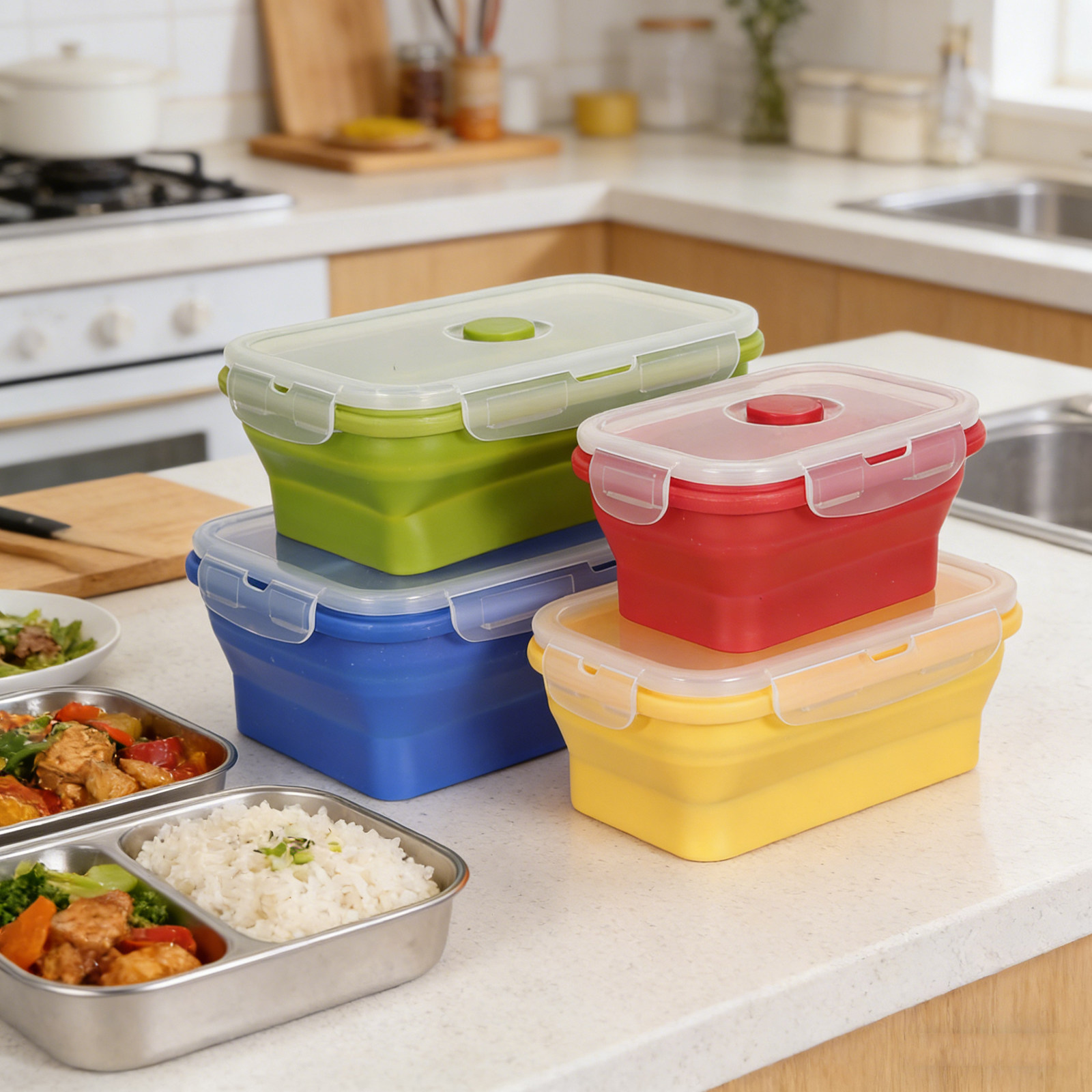4Pcs Foldable Silicone Lunch B - Food Storage Camping recension och pris